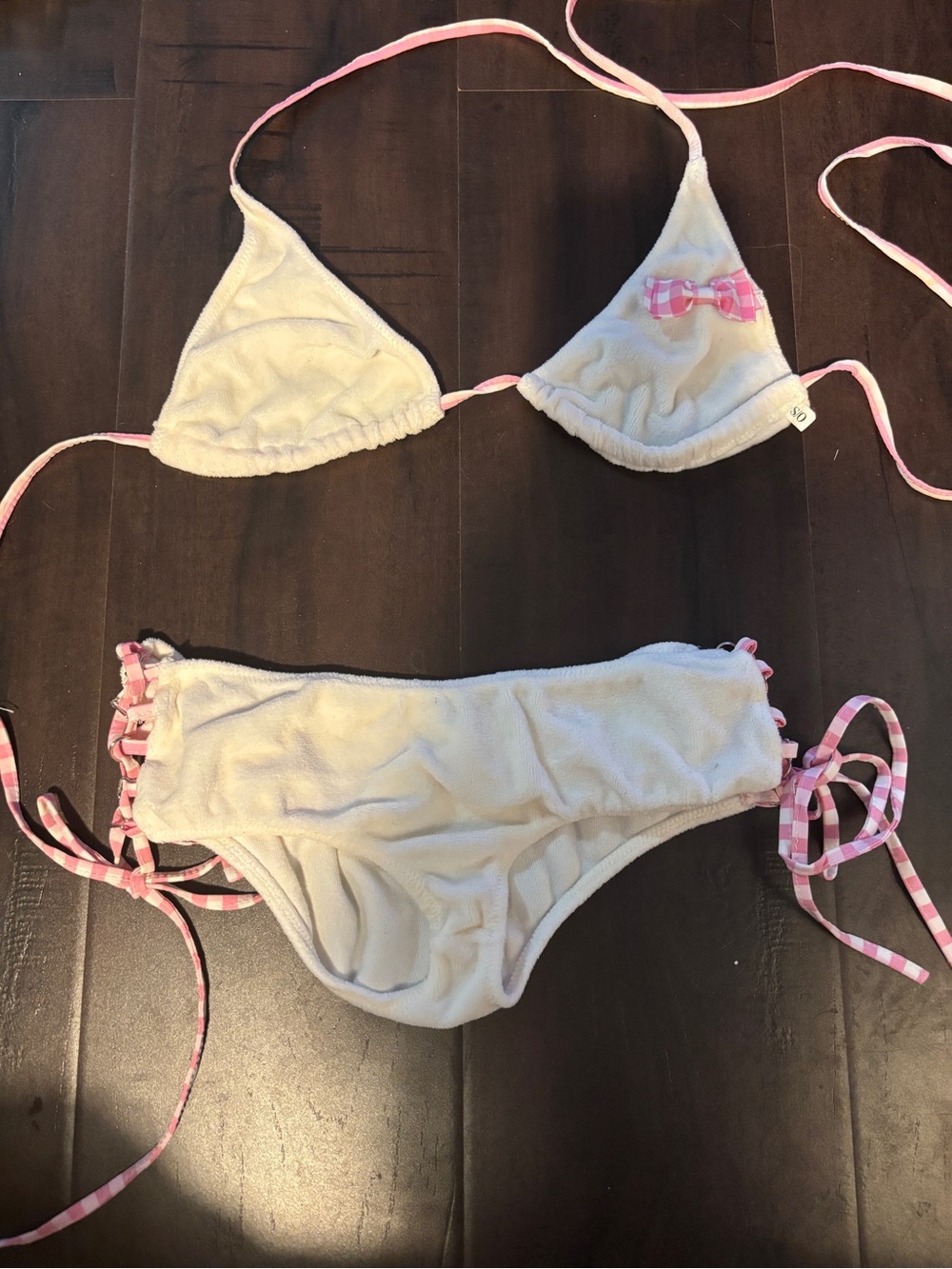 Y2K vintage leg Avenue Soft  whiteTerry Triangle Bikini Pink Gingham Trim small